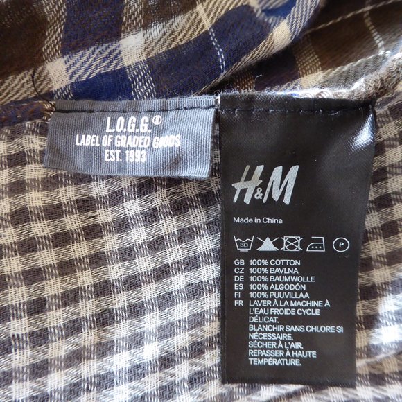 L.O.G.G. H&M Blue Gray Check Reversible w/Tassel Crinkle Wrap Shawl Muffler - Picture 8 of 8